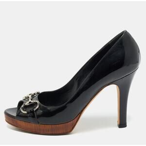 GUCCI HORSEBIT Black Patent Leather Peep Toe Platform Pumps Tom Ford Era Size 9B